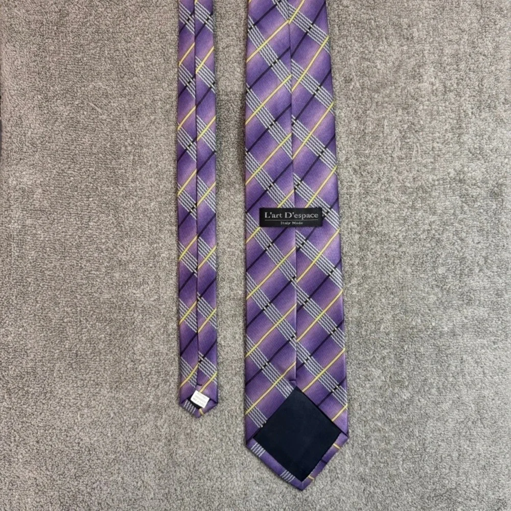 L'art D'espace Italy Mode Mens Purple Plaid Microfiber Necktie Yellow Accents